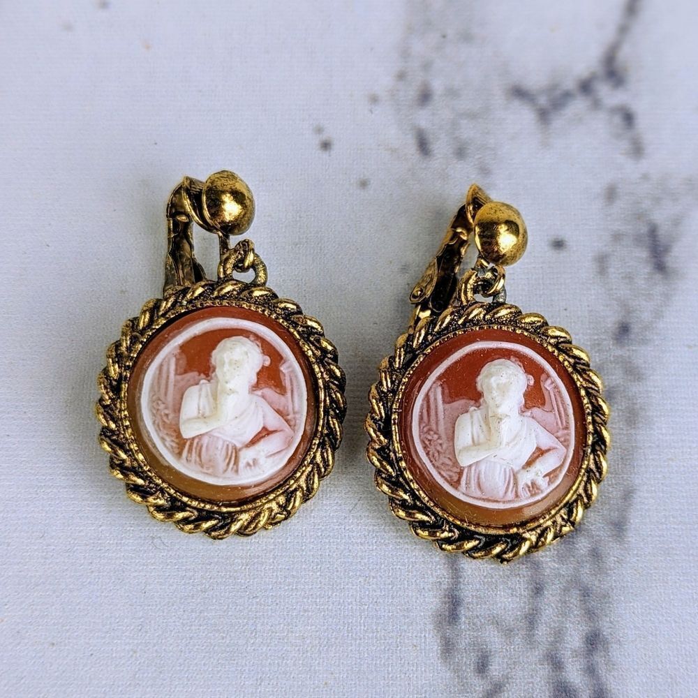 Vintage Cameo Earrings Clip On Resin Pink Gold Victorian Revival